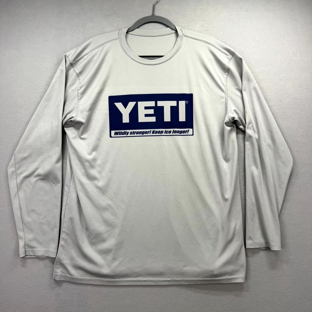 YETI Fishing Shirt Mens Light Gray Wave Logo Badge Camping Work Performance Tech